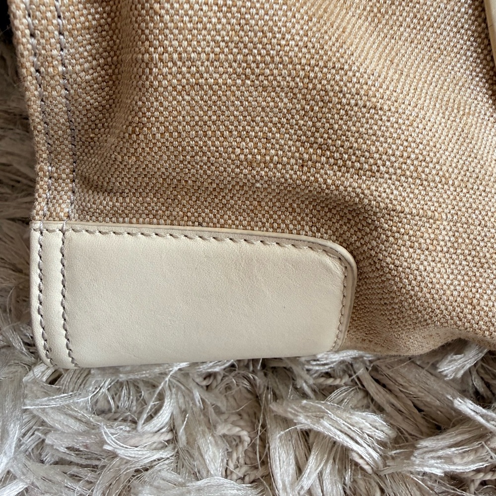 Large Tory Burch Beige Canvas Tote with Ivory Leather Trim and Logo - Picture 5 of 7